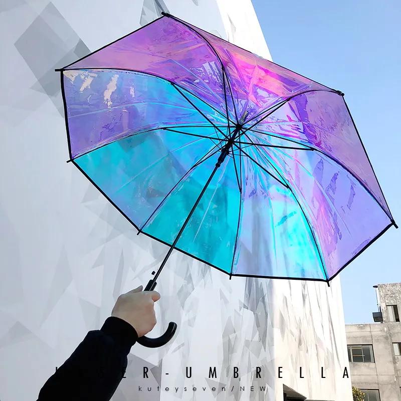 Colorful Rainbow Umbrella Transparent Color Changing Long Handle Umbrella Rain Women's Big Umbrellas Parapluie Girl Gift SY191