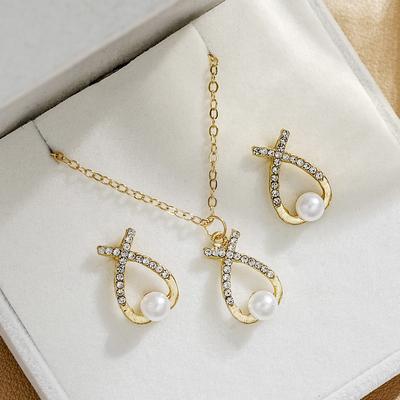 Hochzeitsbankett Kreuz Zirkon Künstliche Perle Ohrringe Halskette Schmuck Set Braut Accessoires, Hochzeitsbedarf