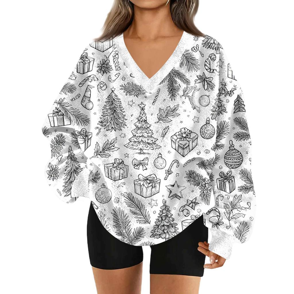 Women's Fashion Casual Long Sleeve Christmas Printed V-Neck Top Sweatshirt