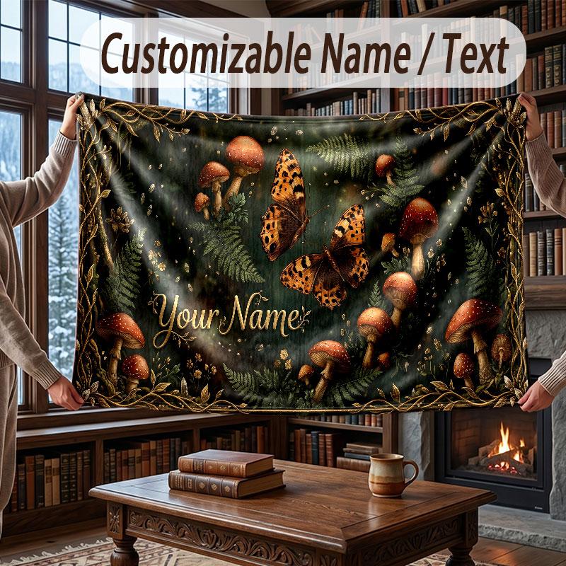 Mushroom Forest Theme Throw Blanket Custom Name Text Personalized Blanket Soft Cozy Blanket for Home Sofa Bed