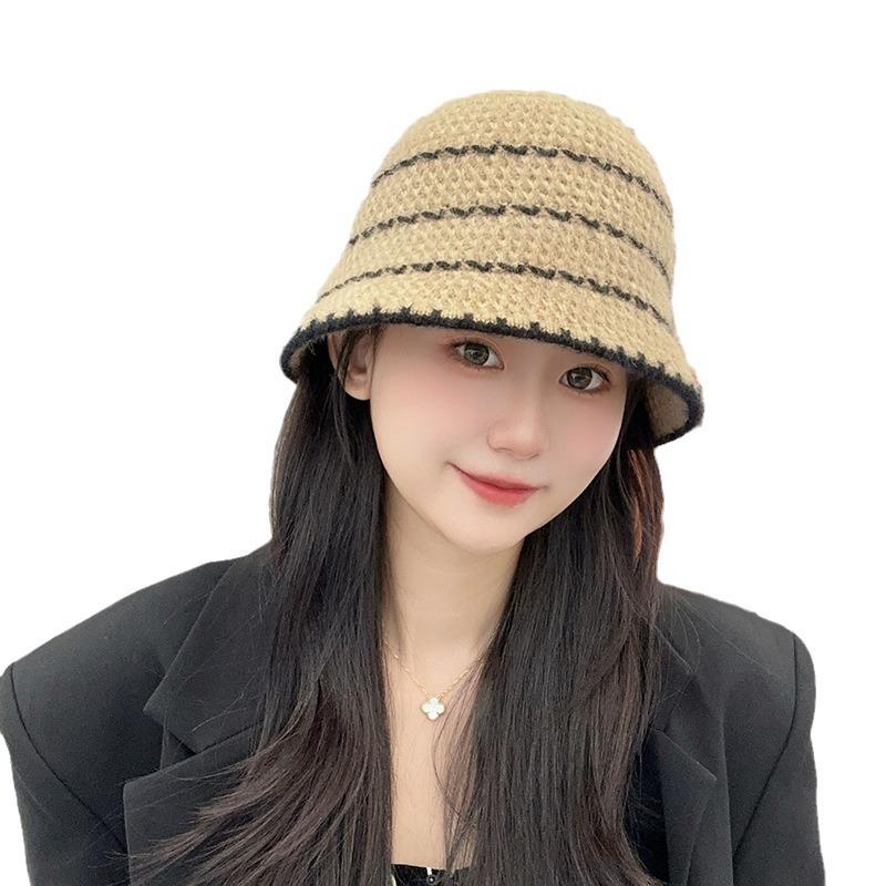 Korean Version of Ins Autumn and Winter Knitted Fisherman Hat Retro Striped Braided Hat Women's All Match Face Showing Small Bucket Hat Basin Hat