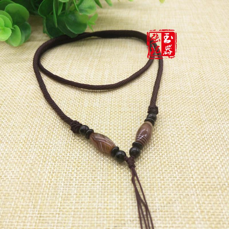 Jade Silk-Wrapped Agate Bead Ethnic Necklace - Long Sweater Chain with Woven Rope Pendant
