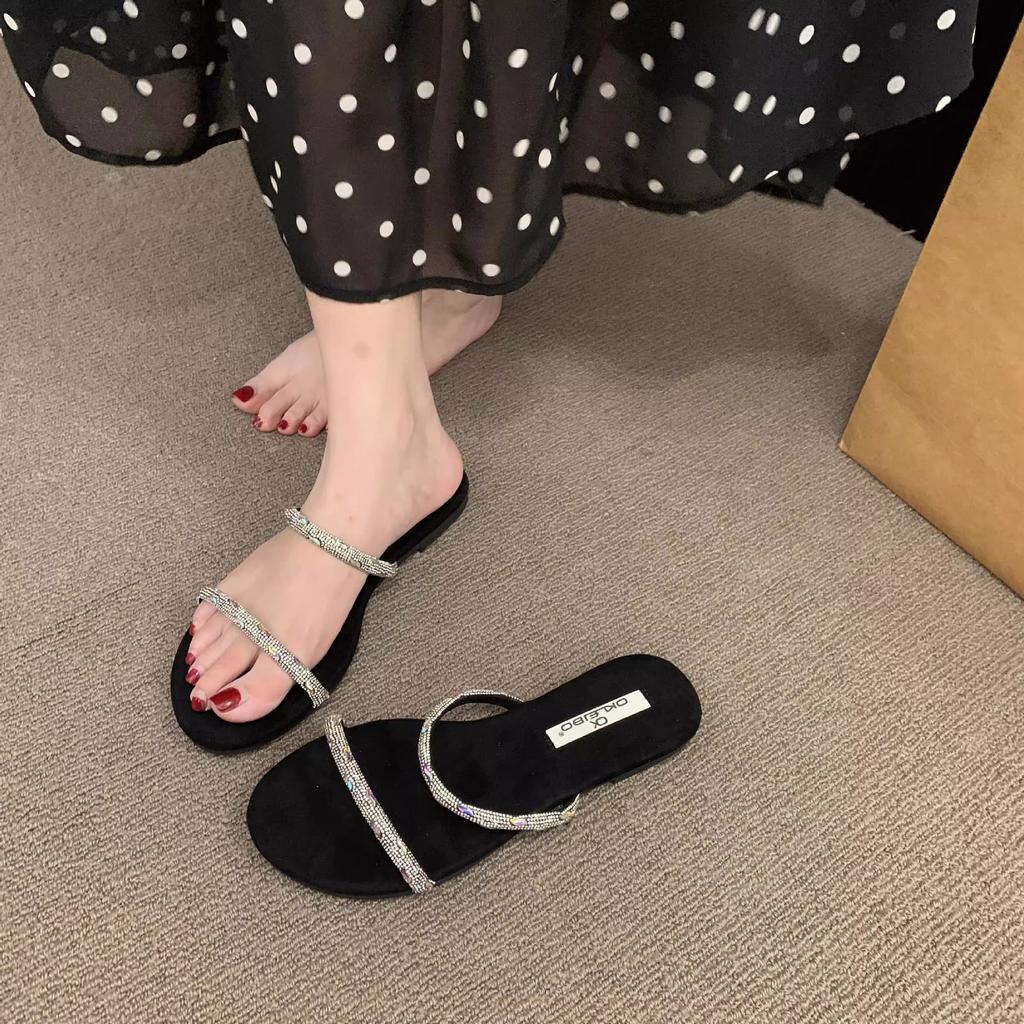 Flat-bottomed Rhinestone Fashion Sandals 2025 Summer French Sweet Yellow Open-toed Vacation Beach Cool Slippers Women's Shoes