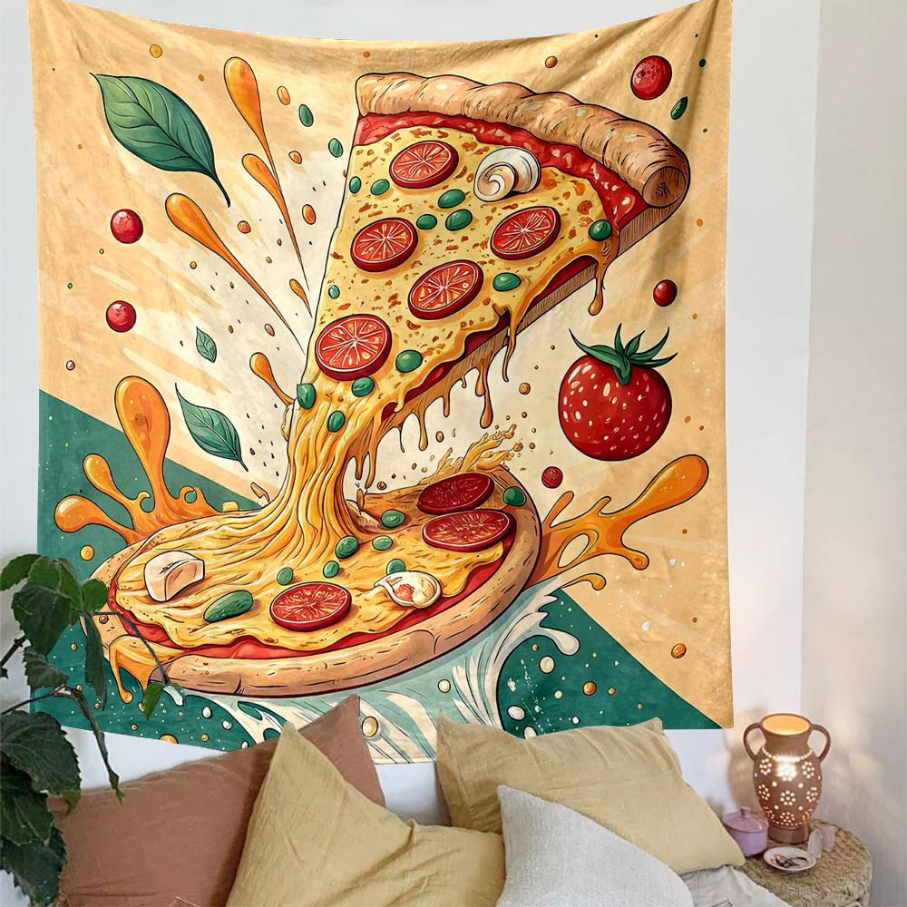 Cheesy Pizza Slice with Toppings Illustration Patterned Tapestry Decorative Wall Hanging, Home Bedroom Living Room Decor