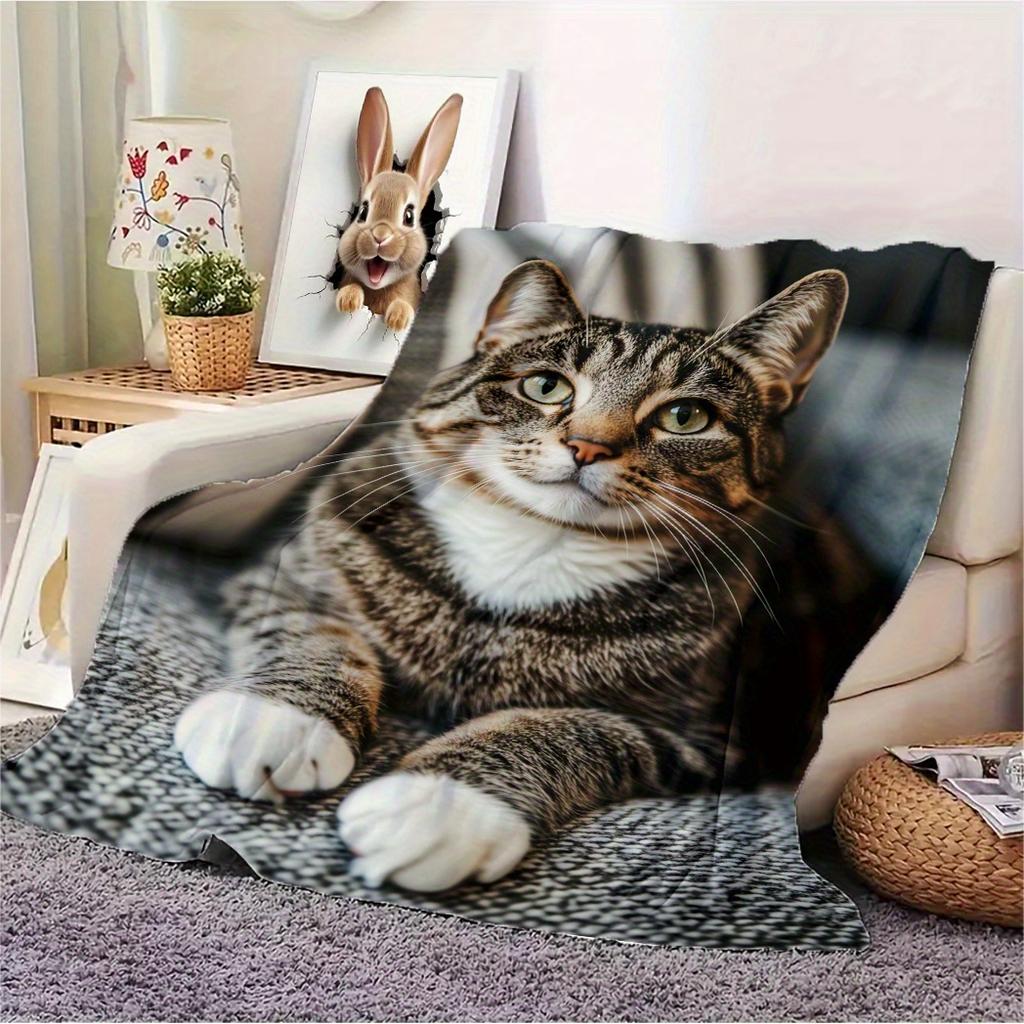 1pc Soft WarmDigital Printed Polyester Fleece Throw Blanket, Contemporary Style, Brown Tabby Cat Design, Multi-Season