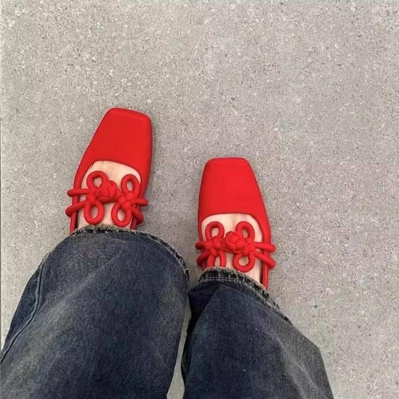 Designer Ethnic Style Women Red Satin Mary Jane Shoes Fashion Shallow Square Toe Shoes Spring Autumn Soft Sole Ballet Shoes