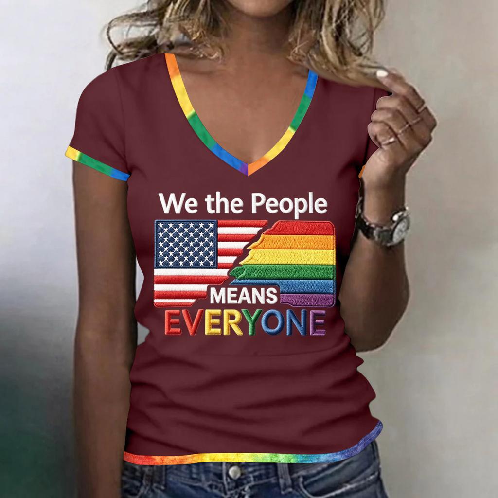 Women's Casual V Neck Short Sleeve T Shirt Patriotic Independence Day Printed Tee Top Lightweight Comfortable Fit