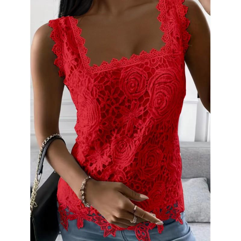 Women's Summer Square Neck Lace Sleeveless T-Shirt Plus Size Comfortable Solid Color Top
