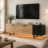 Modern TV Cabinet In Natural Wood/black Contrast. With Open Compartments, Large Drawers and Closed Storage Space – Ideal for Living Room.