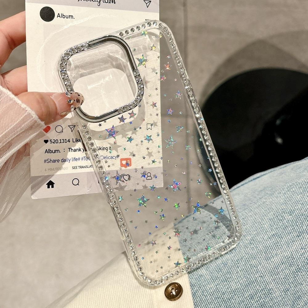 Luxury Laser Stars Rhinestone Bumper Phone Case For iPhone 16 15 14 13 12 11 Pro Max Plus IMD Transparent Shockproof Cases Cover