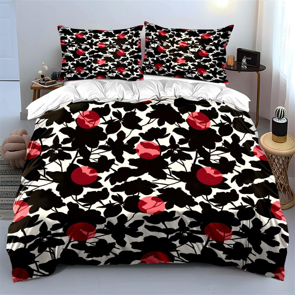 Abstract Red Flowers and Black Leaves Pattern Print Bedding Set 1 Duvet Cover 2 Pillowcases for Adult and Children Luxury Gift