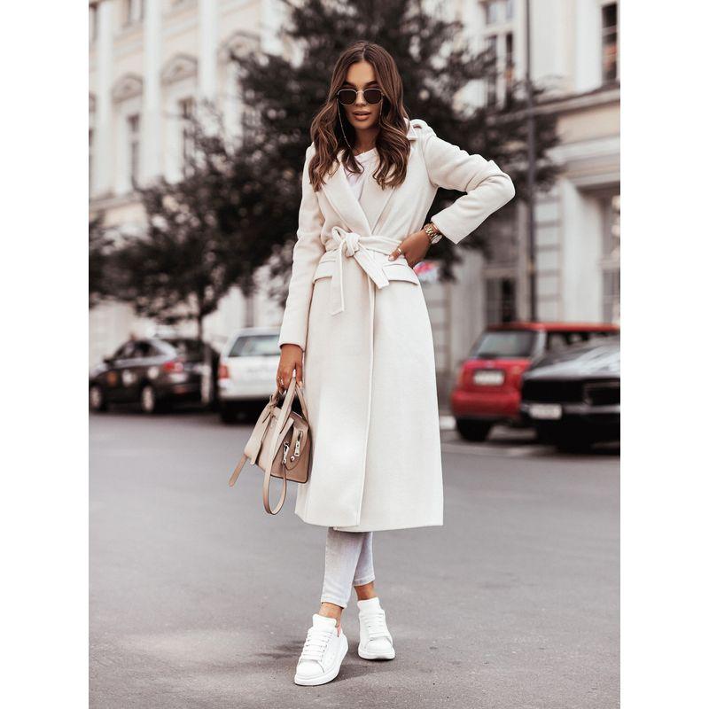 Ladies Fashion Lace-up Coat Autumn and Winter Simple Khaki Long sleeve V-neck Strap Woolen Jacket