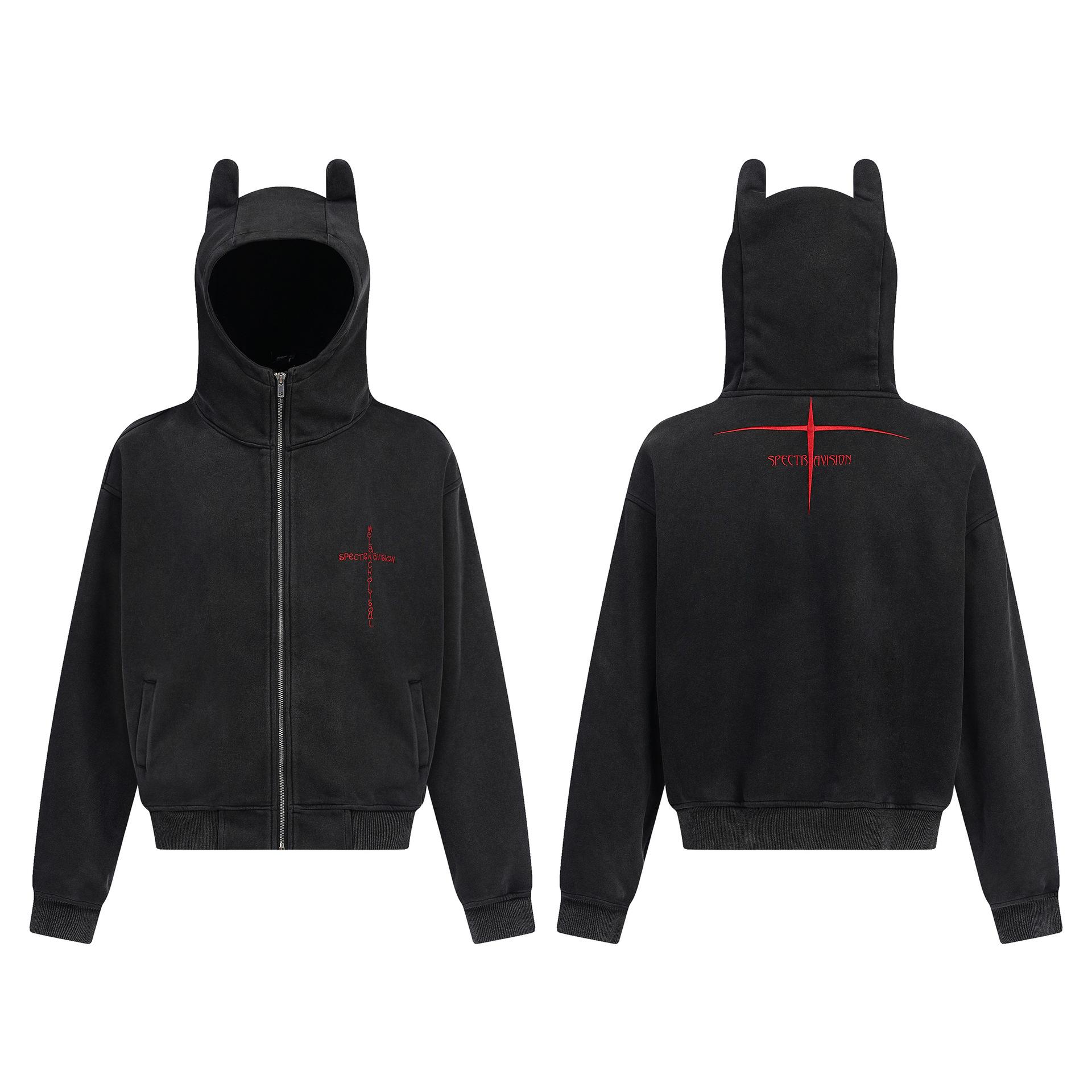 Men s new American street hoodie spring and autumn devil ears washed cardigan zipper sweater S