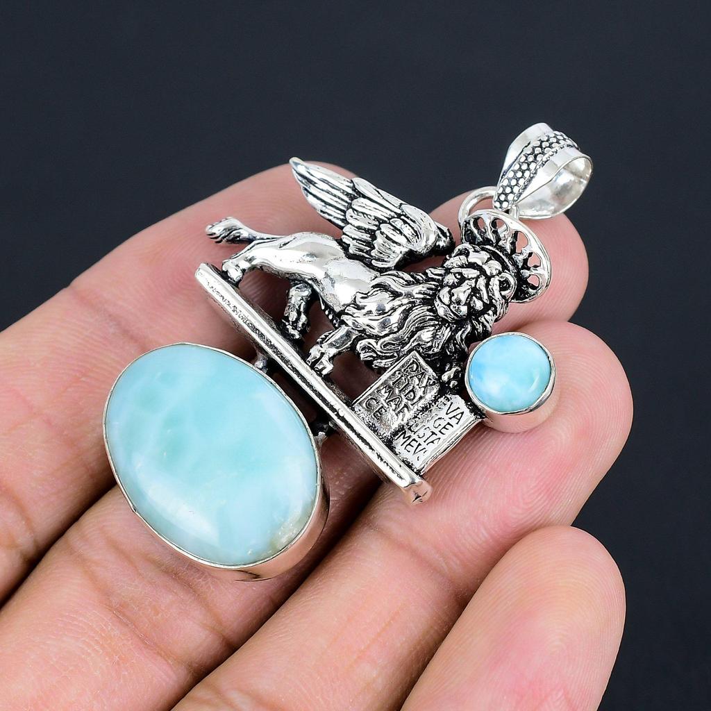 Lion of Saint Mark Larimar Gemstone Silver Pendant | 925 Sterling Silver | Necklace Pendant | Handmade Vintage Pendant Jewelry for Her/him