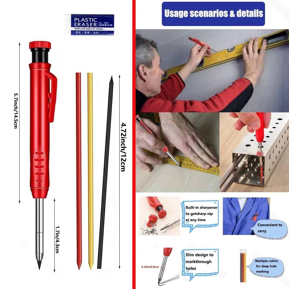Reuseable Long Head Deep Hole Markers Pen Pencils Solid Carpenter Refill Leads Built-in Sharpener Woodwork Construction Tools