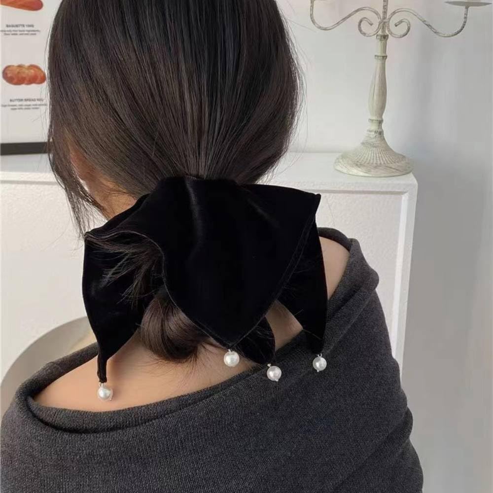 Set of 2 Velvet Ribbon BetterJonny Hair Large Hair Velvet Hair Pearl Hair Hair Gentle On Black Square Scrunchies, Accessories, Ties, Accessories,
