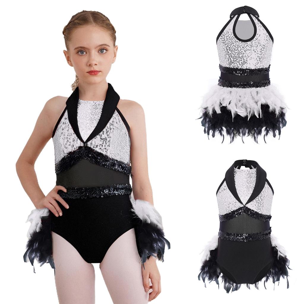 Children‘s Stage Performance Leotard Turn Down Collar Sleeveless Keyhole Back Sheer Mesh Waist Shiny Sequins Color Block with Feather Accents