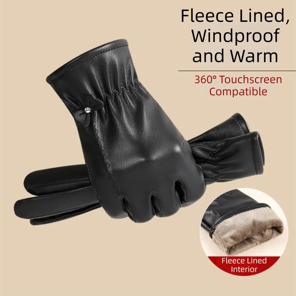 New Keep Warm Leather Gloves Black Windproof Full Finger Gloves Winter Gloves Women