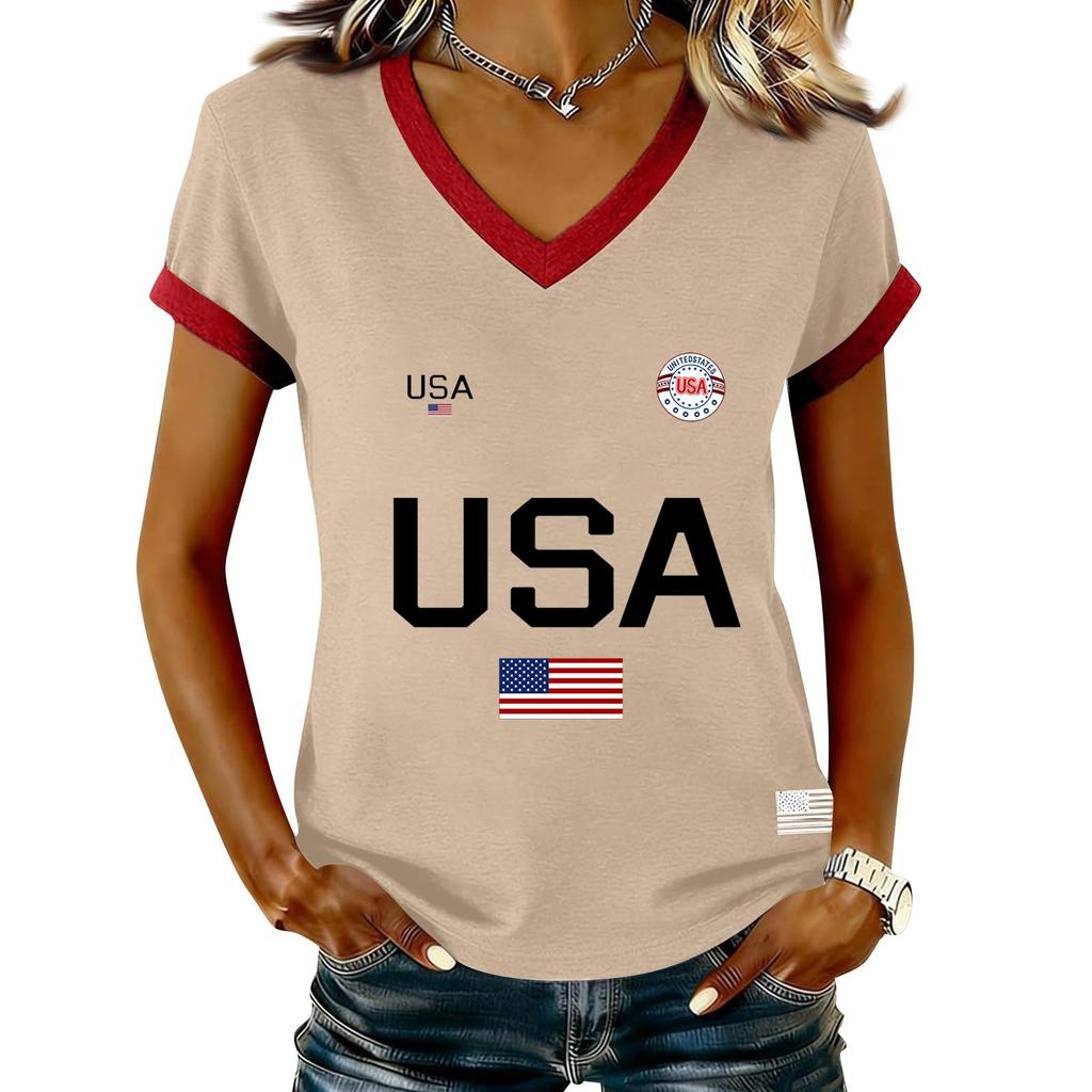 Damen Lässiger V-Ausschnitt Kurzarm Pullover Bedrucktes T-Shirt Top