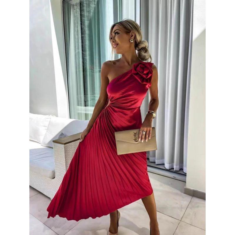 Fashion Solid Casual Sexy Temperament One Shoulder Slant Collar Pleat Hollow Out Formal Dress Long Dress Summer Long Dress