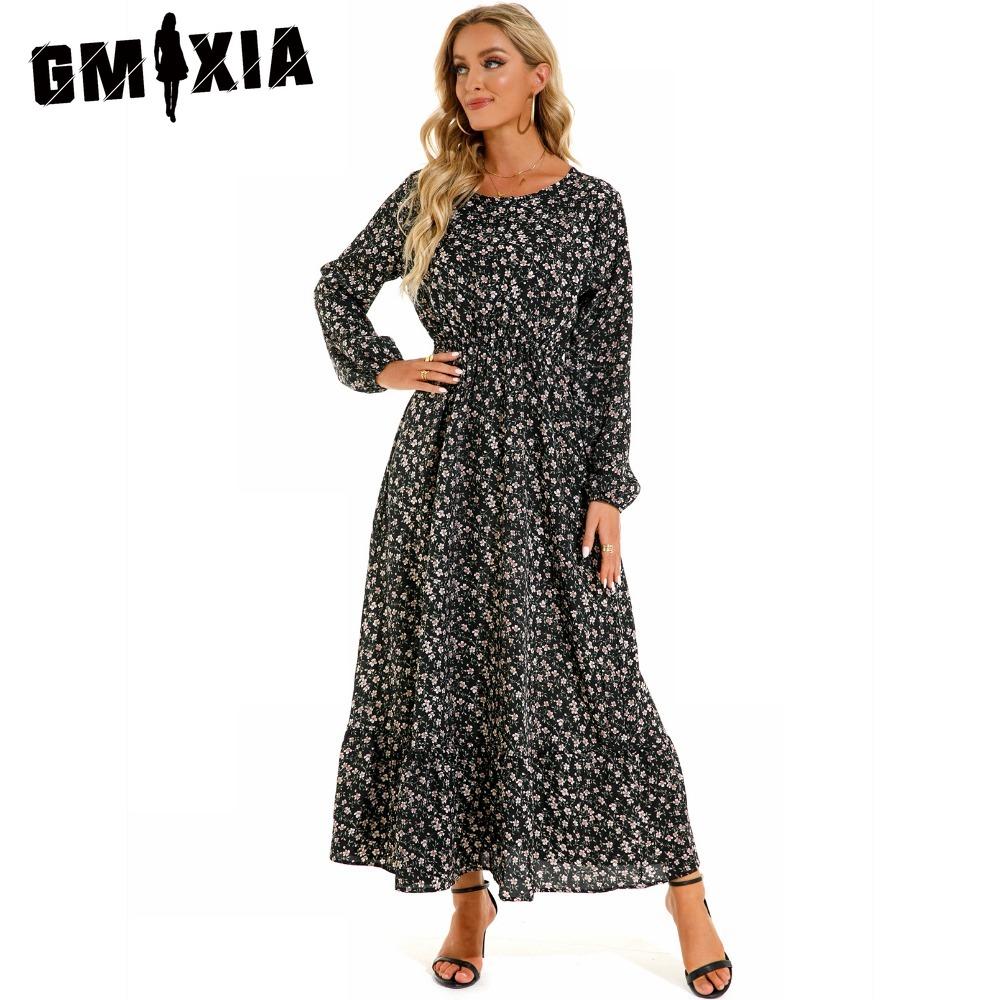 GMXIA Spring Summer Bohemian Women Maxi Dress Casual Long Sleeve High Waist Beach Dress Women Floral Chiffon Dresses Vestidoes Mujer New