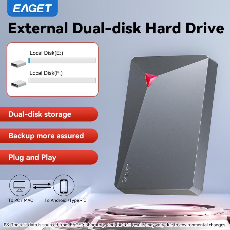 EAGET Dual-Disk Portable Hard Drive - Expand Storage, Boost PC Speed, Plug and Play for PC, Mac, Android