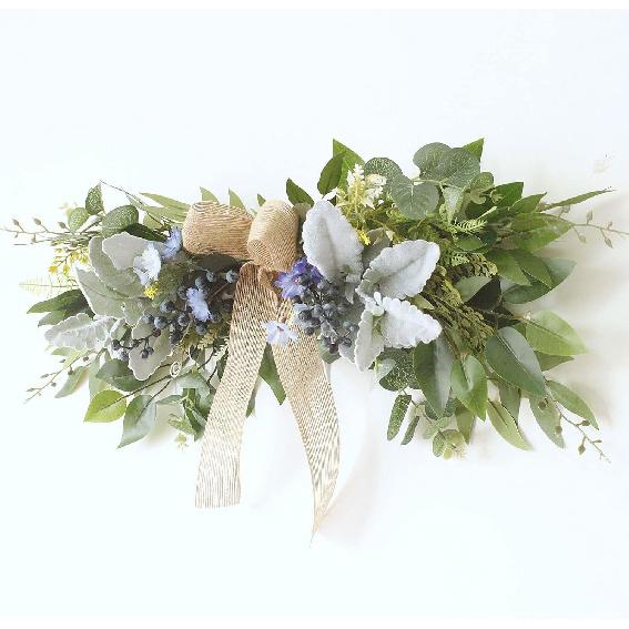 DEDEMCO Spring Floral Swag Wreath for Front Door 25.5 Inch,Eucalyptus Greenery Flower Swag with Silk Bow and Blue Berries,Wedding Arch Flower Swag