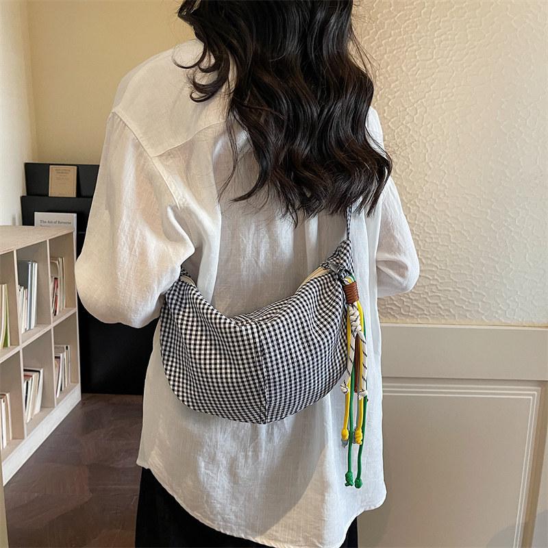 Korean Style Simple Plaid Canvas Messenger Bags Women Trend Large Capacity Zippers Shoulder Bag New Daily Casual Crossbody Bag