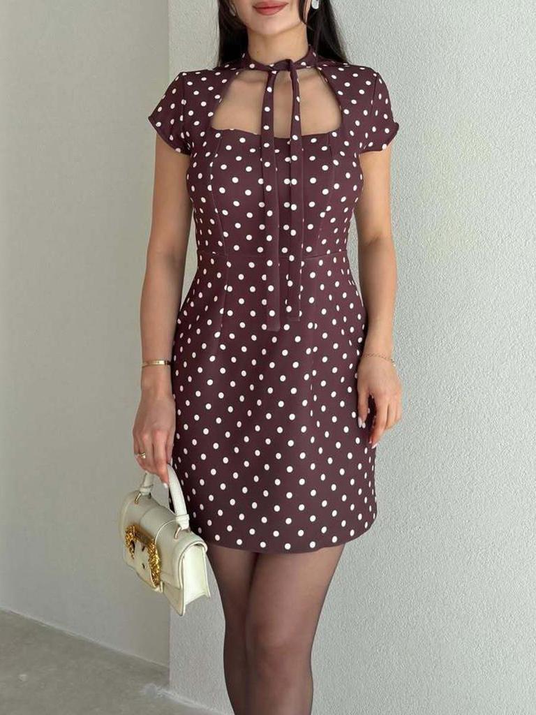 Elegant French Polka Dot Tie-Neck Summer Dress for Women