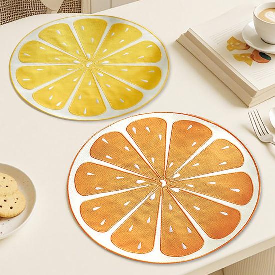 Lemon Slice Placemat Linen Heat Insulation Dining Mat Embroidered Round Orange Washable Placemat for Dining Table Decoration Protection