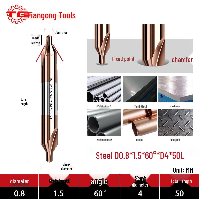

Центровочное сверло Tiangong типа A с покрытием из карбида вольфрама для алюминия, двухстороннее, удлиненная фиксированная точка из нержавеющей стали