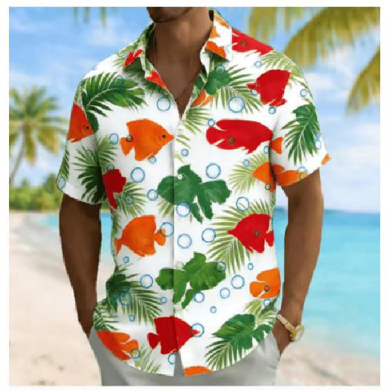 2026 Men's Fish Palm Leaf Short Sleeve Summer Beach Vacation Casual Loose Short Sleeve Shirt