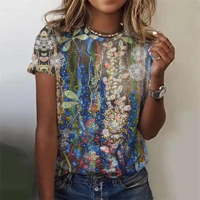 Women's T-shirt 3D Pattern Printed Casual Short Sleeved Vintage Floral Print O-Neck Top Fashionable Street Women's Clothing