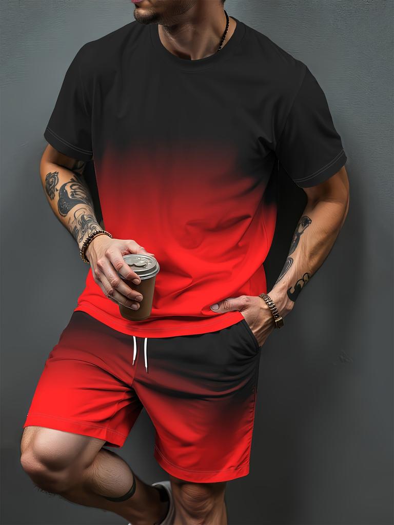 Gradient Letter Pattern 3D Print Tracksuits Men Casual Short Sleeve T-Shirt Shorts Sets 2pcs Sportswear Suits Man Clothing