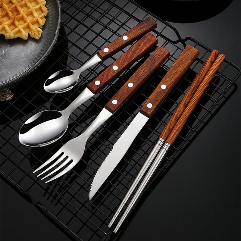 4Pcs Wooden Handle Cutlery Set Mirror Stainless Steel Dinnerware Rose Wood Handle Spoon Knife Fork Dinner Tableware Set Kitchen