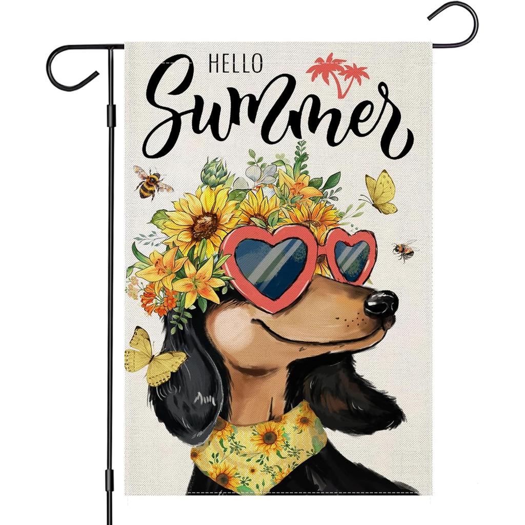 Hello Summer Garden Flags for Outside, Dachshund Dog with Sunflowers Small Seasonal Decoration for Farmhouse Holiday Yard Outdoor Decor Double Sided