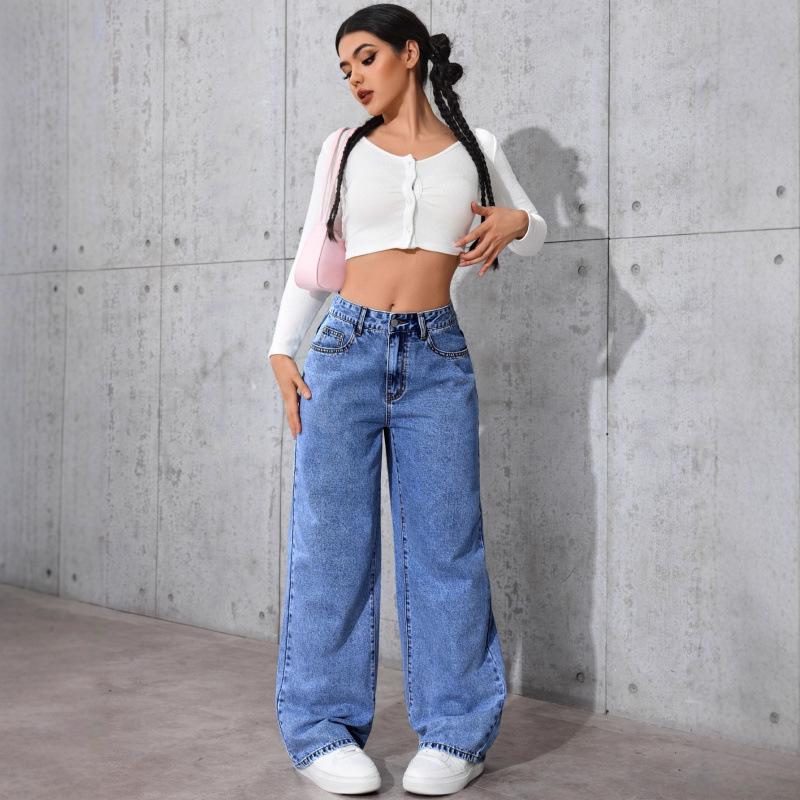 Multicolor European & American High-Waisted Loose Wide-Leg Floor-Length Casual Jeans for Women