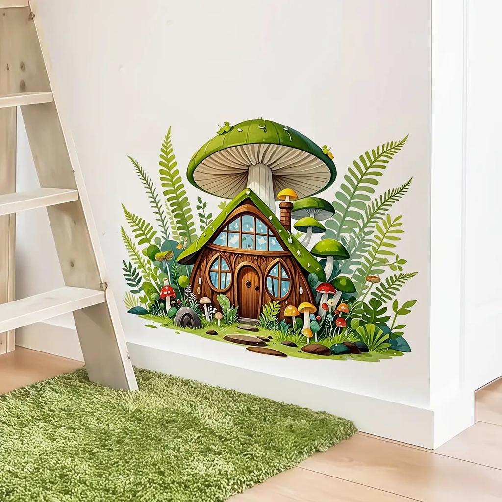 Fairy Tale Mushroom House Cartoon Forest Wall Sticker Self Adhesive Waterproof Kids Room Decor