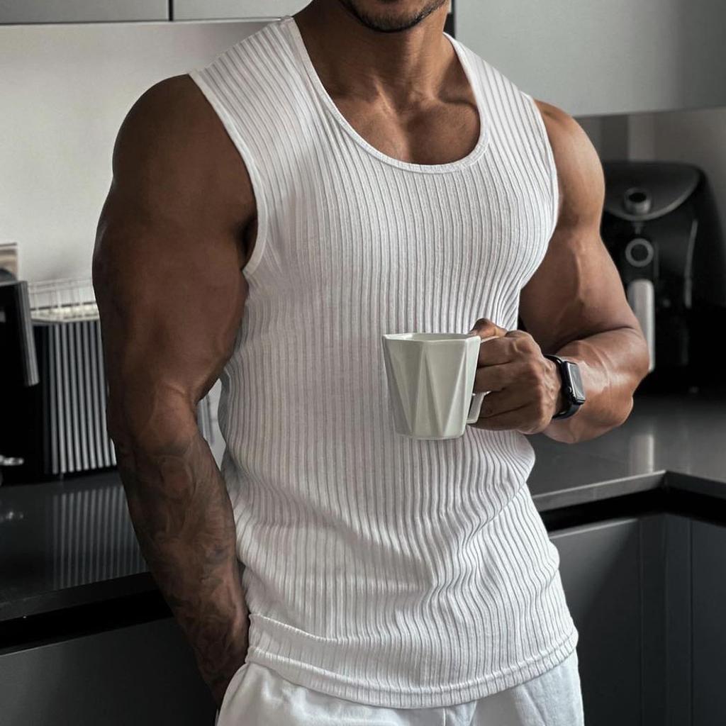 Summer Knitted Vertical Bar Fitness Sports Leisure Slim Fit Tank Top For Men Sleeveless Wide Shoulder Tank Top For Men
