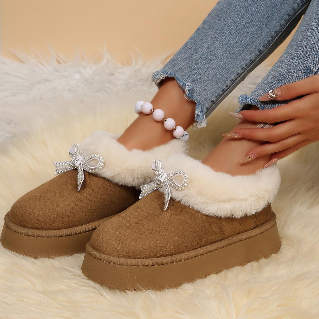 Fashion Thick Bottom Fluffy Fur Snow Boots Women 2025 Winter Warm Plush Ankle Boots with Platform Sweet Bowknot New Furry Non Slip Shoes