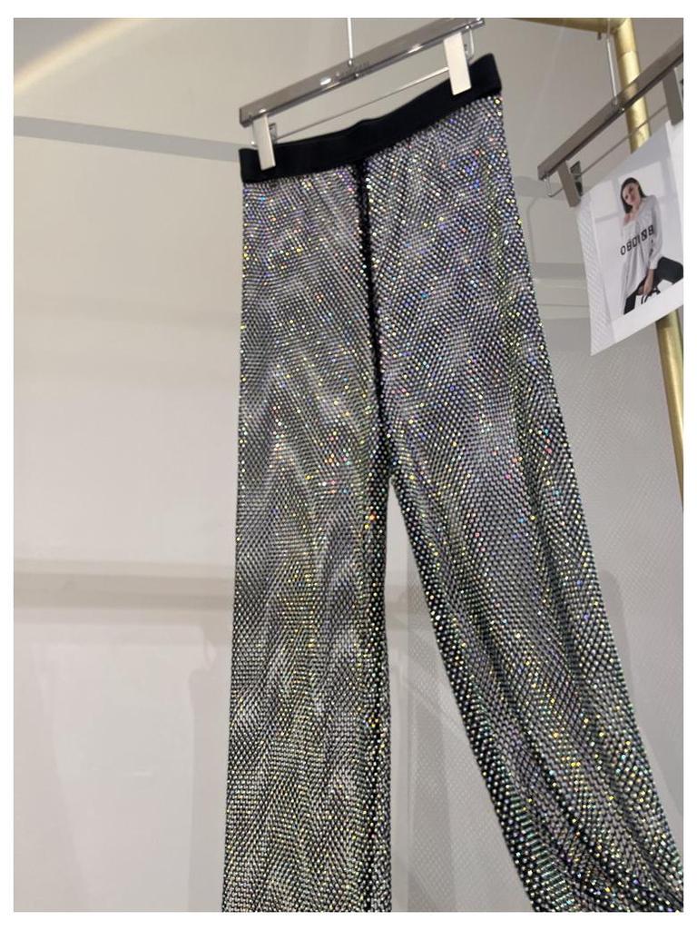 Letní sexy síťované kalhoty s výřezy a kamínky se širokými nohavicemi do nočního klubu