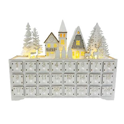 Wooden Christmas Advent Calendar with LED Lights 24 Numbered Drawers Village House Xmas Countdown Decor Gift 34.5×8×28cm