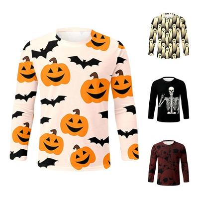 Men Tops Halloween 3D Print Round Neck Long Sleeve Tee Top Casual Regular