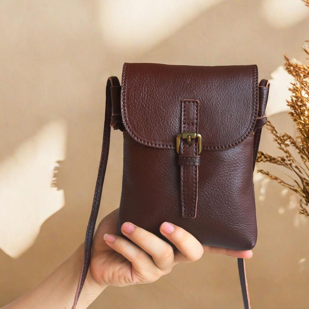 Johnature Mobiltelefonveske Ekte Skinn Dame Mini Skulderveske Crossbody-veske Retro Allsidig Liten Veske