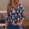 Women's Fashion Casual Christmas Tree Print V-Neck Decorative Button Three-Quarter Sleeve T-Shirt Top