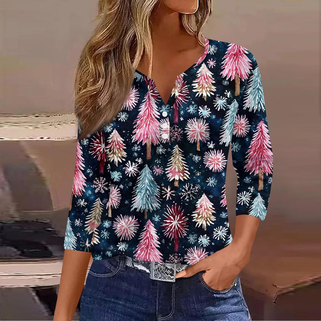 Women's Fashion Casual Christmas Tree Print V-Neck Decorative Button Three-Quarter Sleeve T-Shirt Top