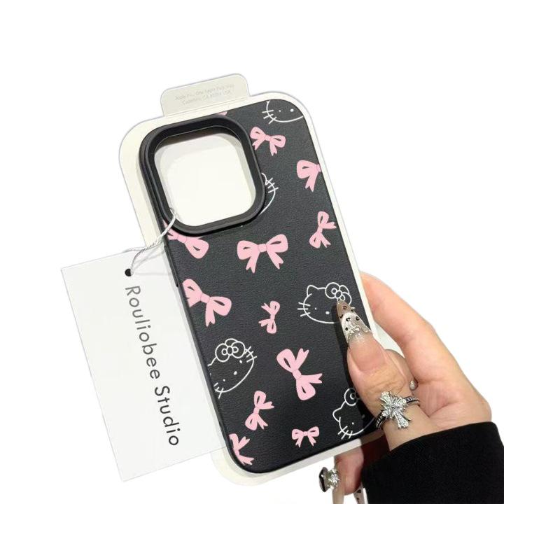 Bowknot Kitty Lychee Pattern Soft Shell Phone Case for iPhone 11, 14, 15, 16 Pro, and 17 Pro Max.