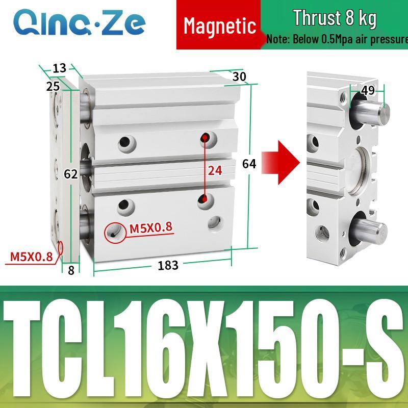 Kompaktowy pneumatyczny wielotłoczkowy cylinder trójosiowy TCL (12/16/20/10-100S)
