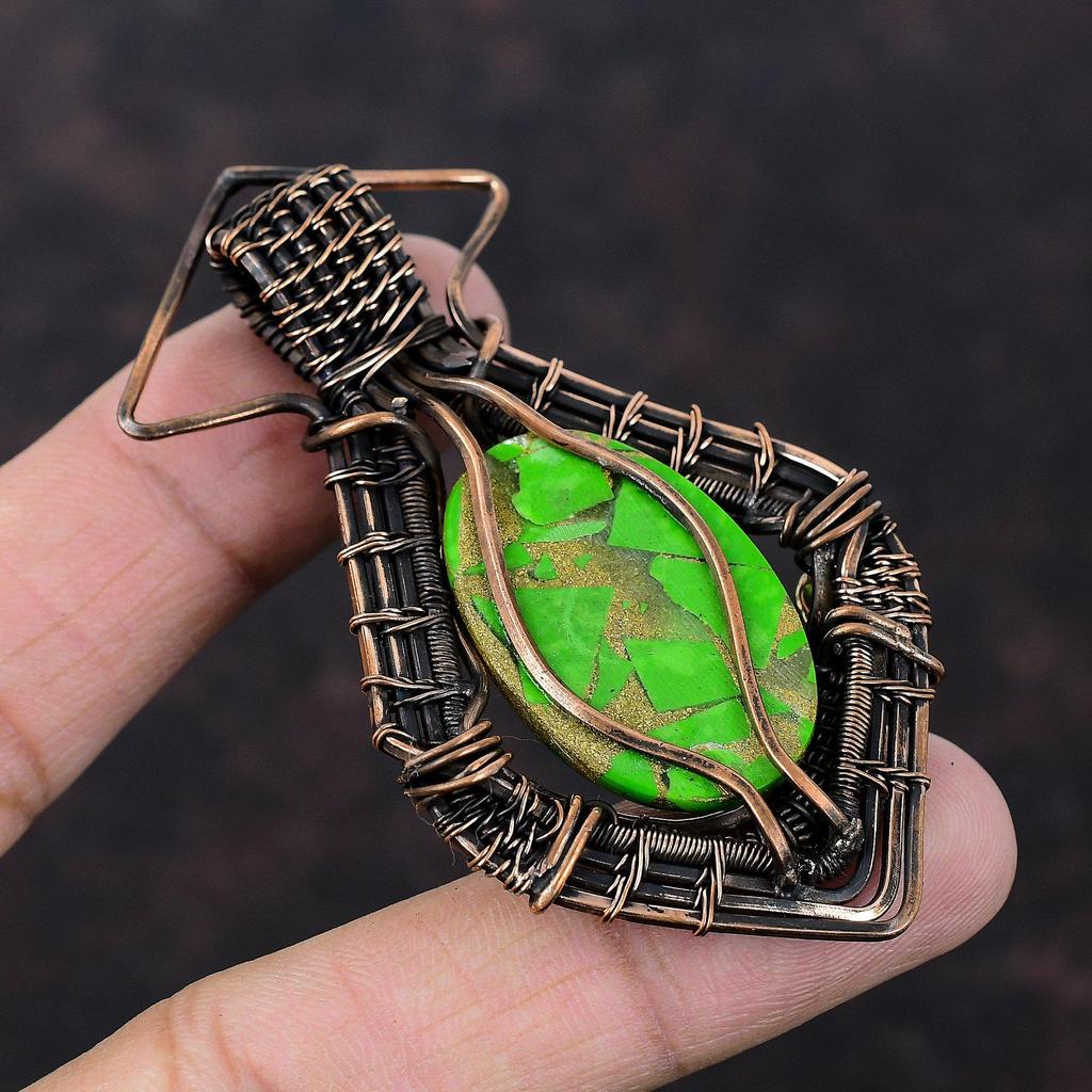 Copper Green Turquoise Pendant Copper Wire Wrapped Pendant Handmade Jewelry Gemstone Pendant Wire Wrap Jewelry Copper Jewelry Gift For Women