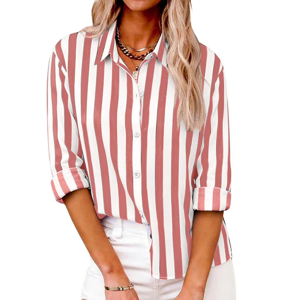 Women's Striped Casual Fashion Shirt Button Long Sleeved Top